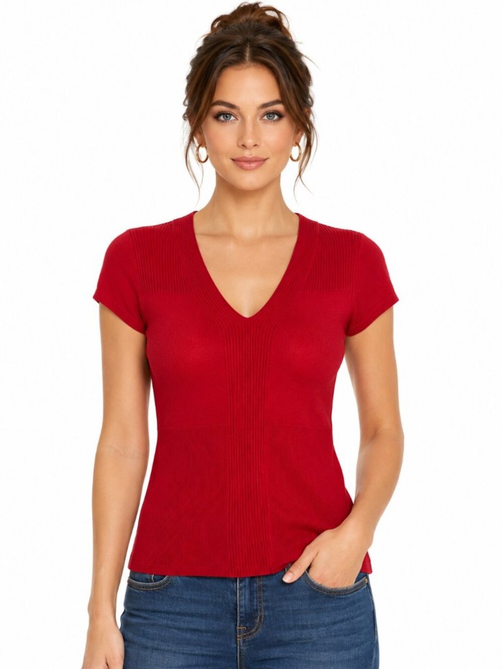 Kim Rogers Red V Neck Short Sleeve Knit Top NWT Womens Size Medium